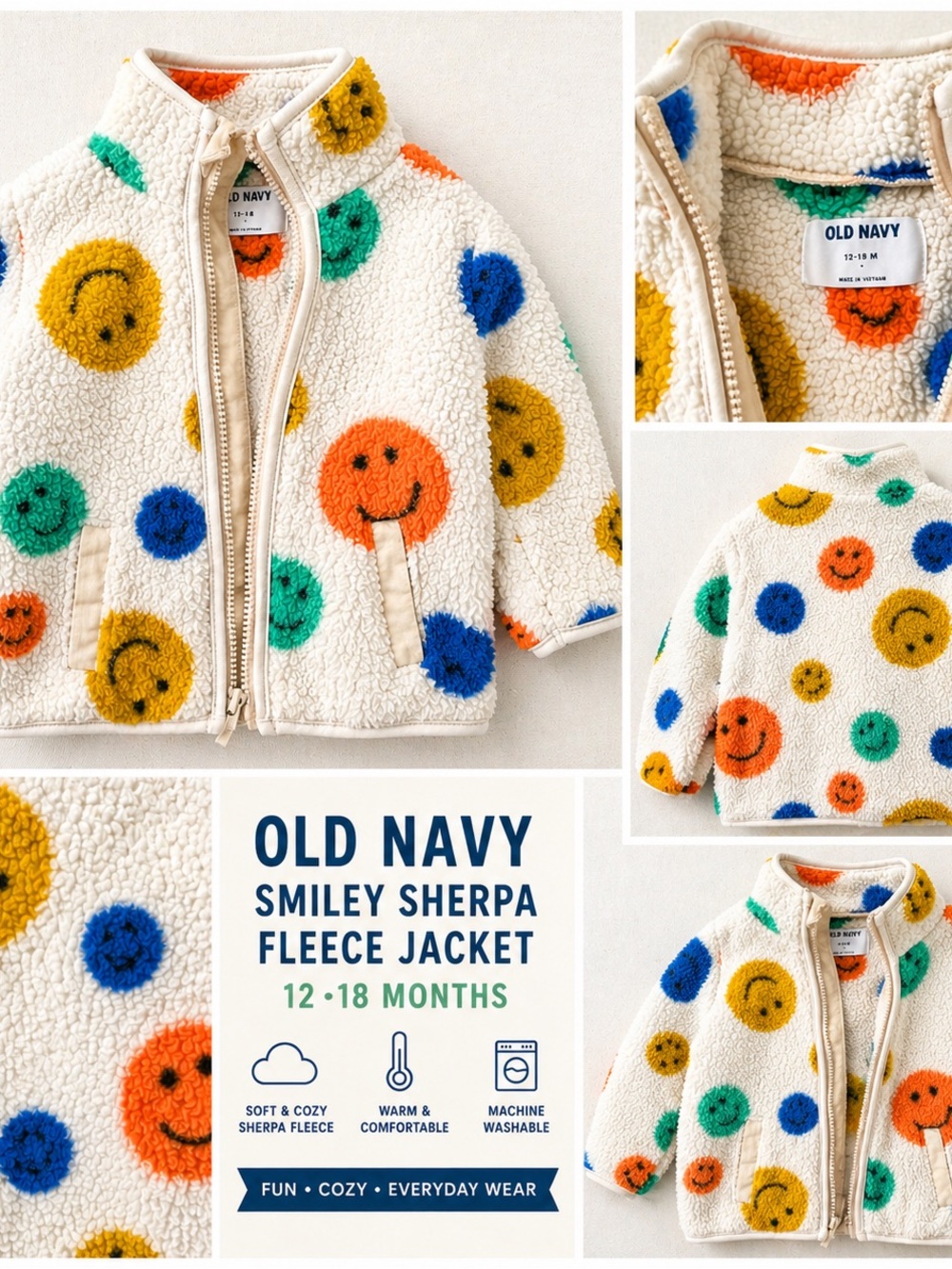 Old Navy Cream Sherpa with Multicolor Smile Dots